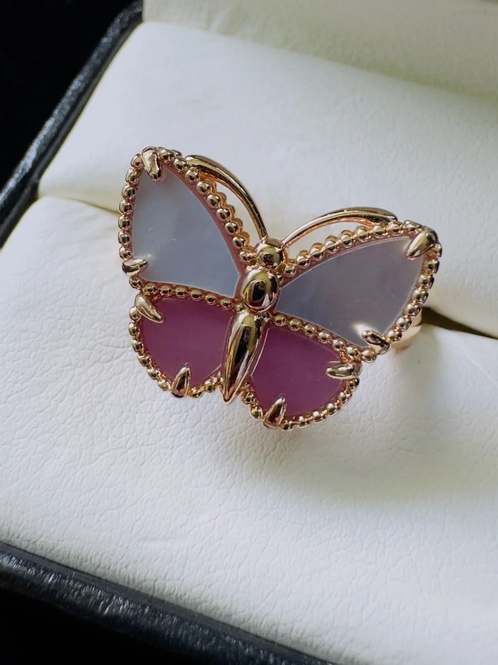 Rose Gold Butterfly Ring with Pink Mother of Pearl and Lavender Inlay